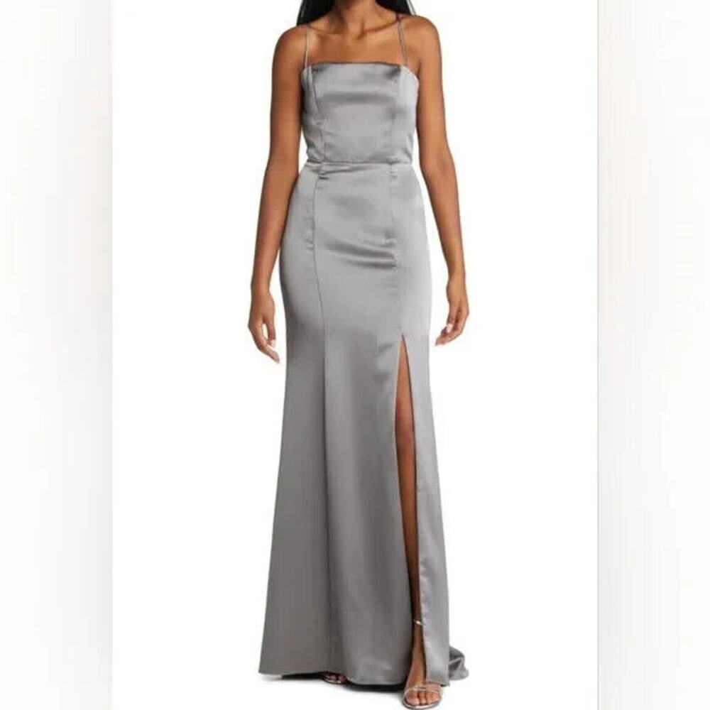 Amsale Maxi Dress Womens 16 Silver Silk Sleeveless Spaghetti Strap Bridemade B64